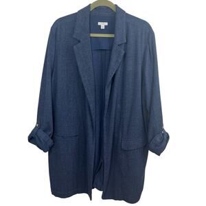 J Jill Knit Blazer Blue Roll Tab Sleeves Open Front XL Cotton Blend Women’s